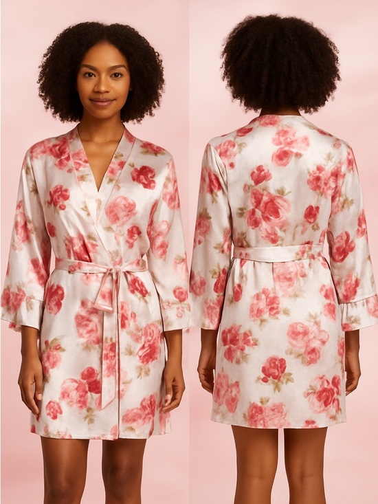 Morgan Taylor Other - Morgan Taylor Kimono Robe XXL White Satin Floral with Pink Blooms TieUp Pocket